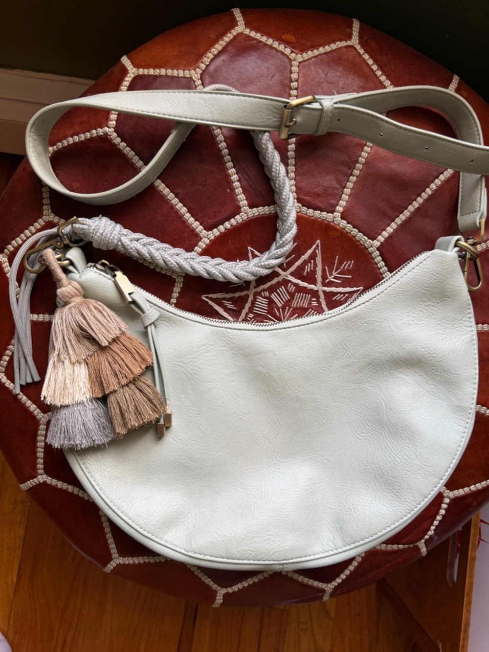 Anthropologie Light Blue Crescent Cross Body Bag with Tassel Charm
